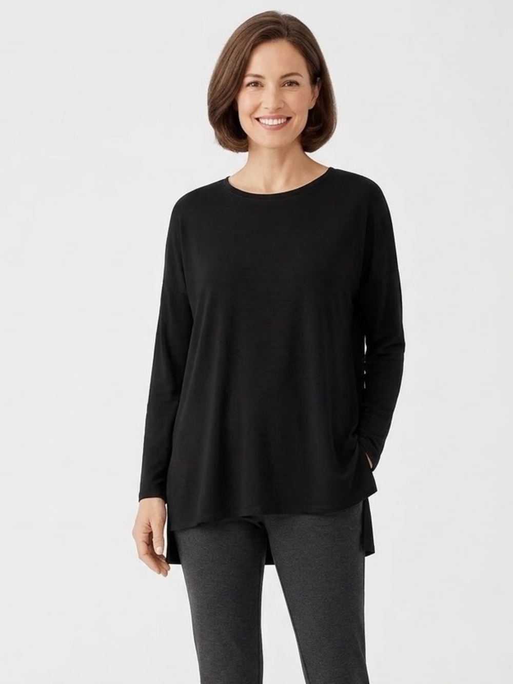 Eileen Fisher Black Long Sleeve Crewneck Top Tunic Slouchy Oversized XL